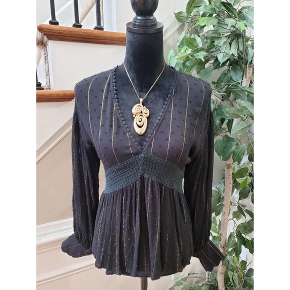 Cliche Womens Black Gold Striped Long Sleeve V Neck Embroided Top Blouse Small - Picture 1 of 12